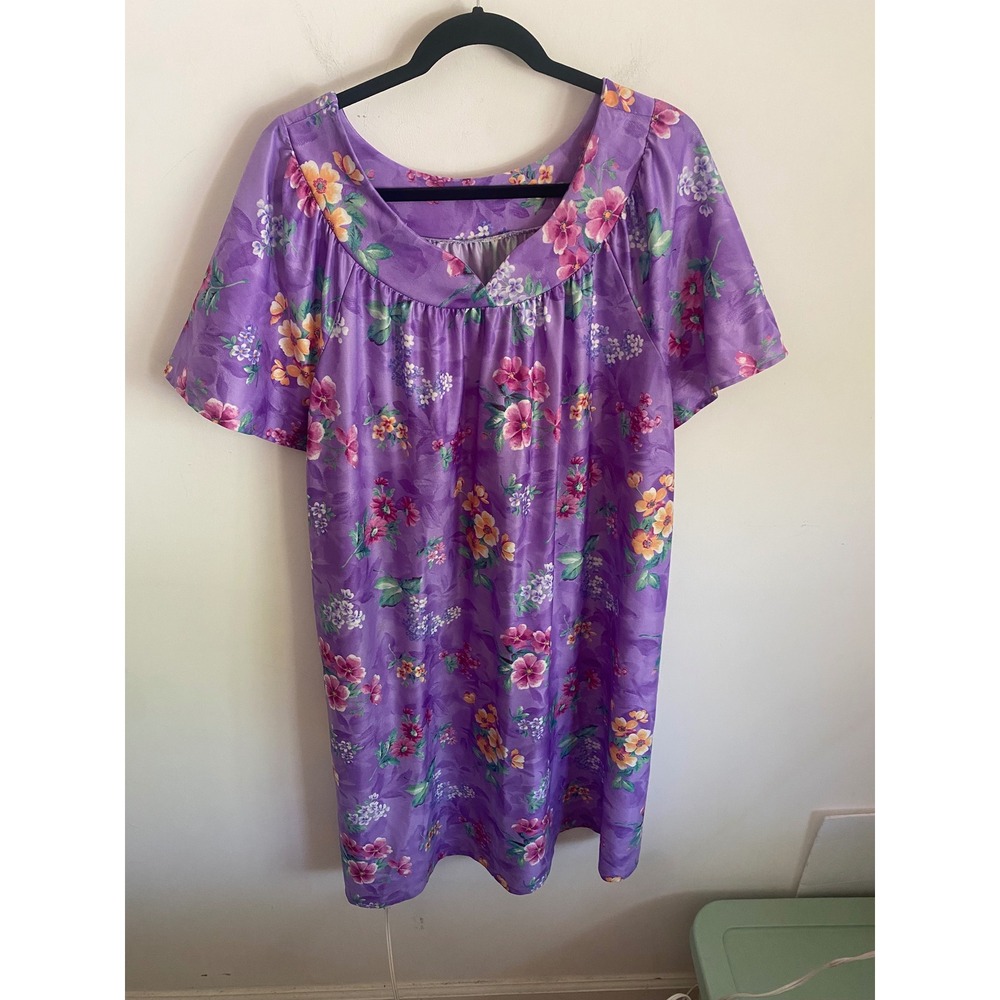 Vintage Style Purple Floral Nightgown Short Sleeve House Dress Loungewear XL